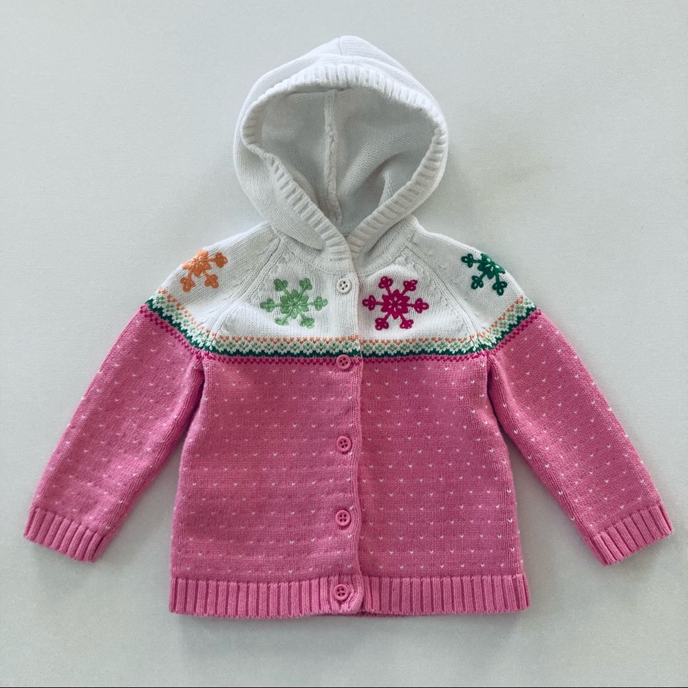 Gymboree 2T Toddler Girl Pink Hooded Sweater Cardigan Snowflakes Holiday